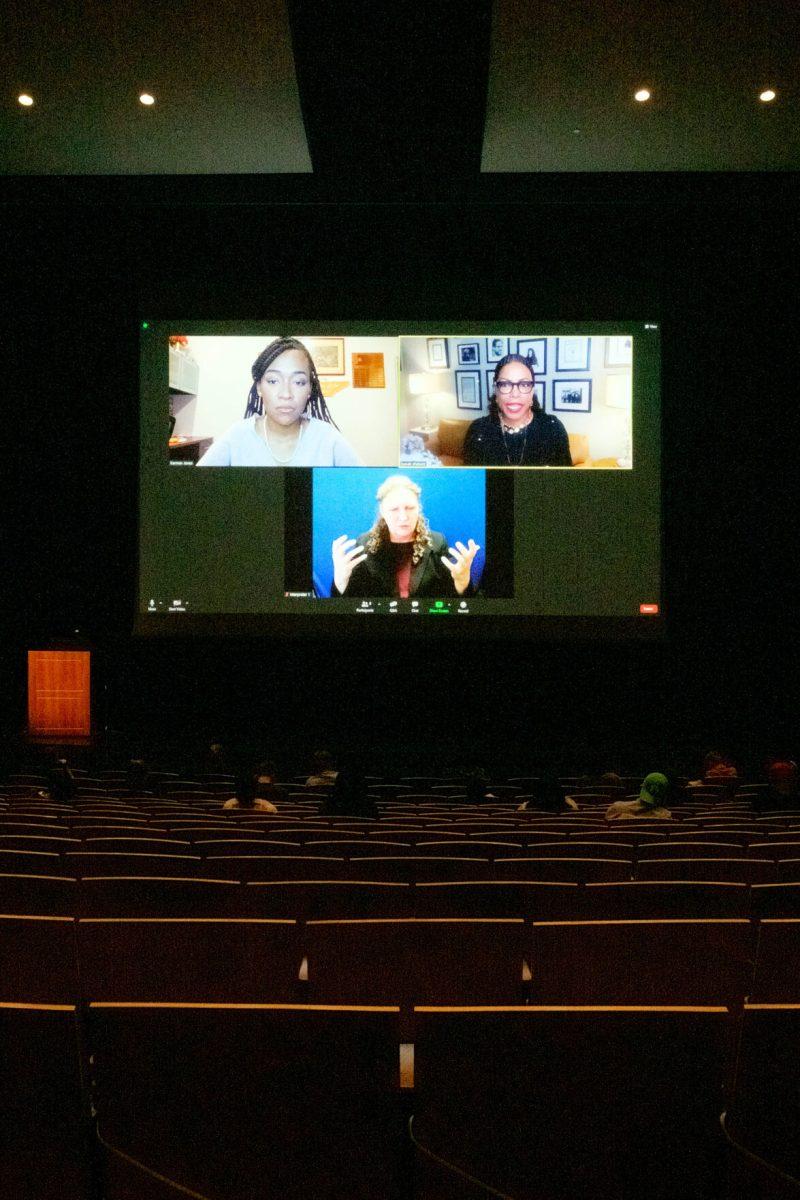 Student Body President Karmen Jones listens as Ilyasah Shabazz recalls a childhood memory during their discussion at the Student Union Auditorium on Oct. 7th, 2020.