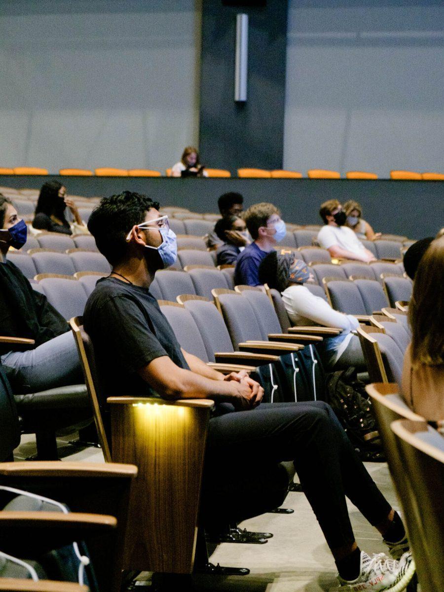 Students watch the Ilyasah Shabazz discussion in the Student Union Auditorium on Oct. 7th, 2020.