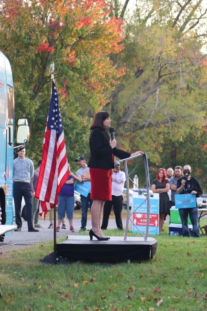 Jo Jorgensen speaks to supporters at her last stop during her bus tour at Lakeshore Park on Monday, October 19th, 2020.