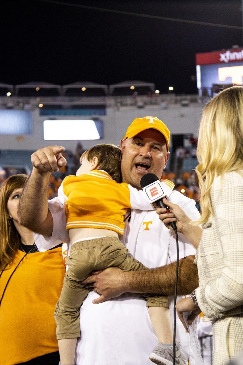 Head coach Jeremy Pruitt being interviewed by ESPN after the victory at the 2020 Tax Slayer Bowl game.