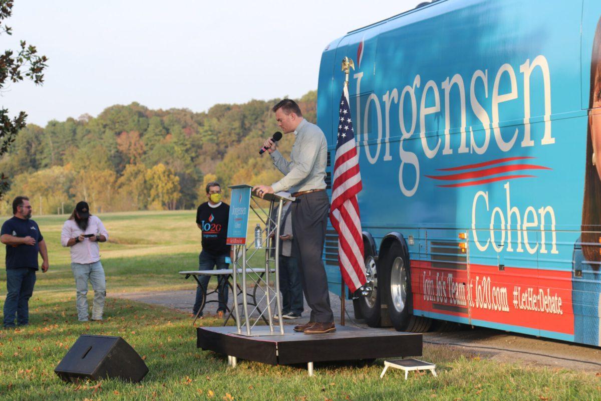 Guest speaker talks at Jo Jorgensen's rally at Lakeshore Park on Monday, October 19th, 2020.