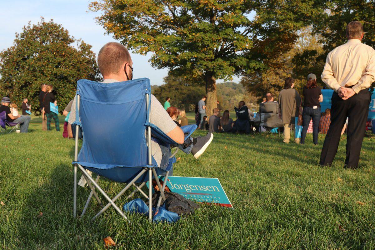 The audience listens as Jo Jorgensen speaks to supporters at her last stop during her bus tour at Lakeshore Park on Monday, October 19th, 2020.