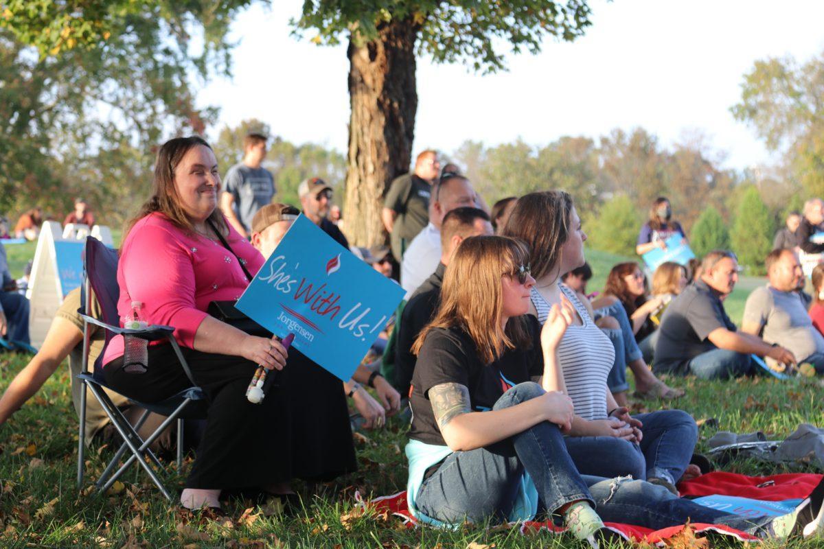 The audience listens as Jo Jorgensen speaks to supporters at her last stop during her bus tour at Lakeshore Park on Monday, October 19th, 2020.