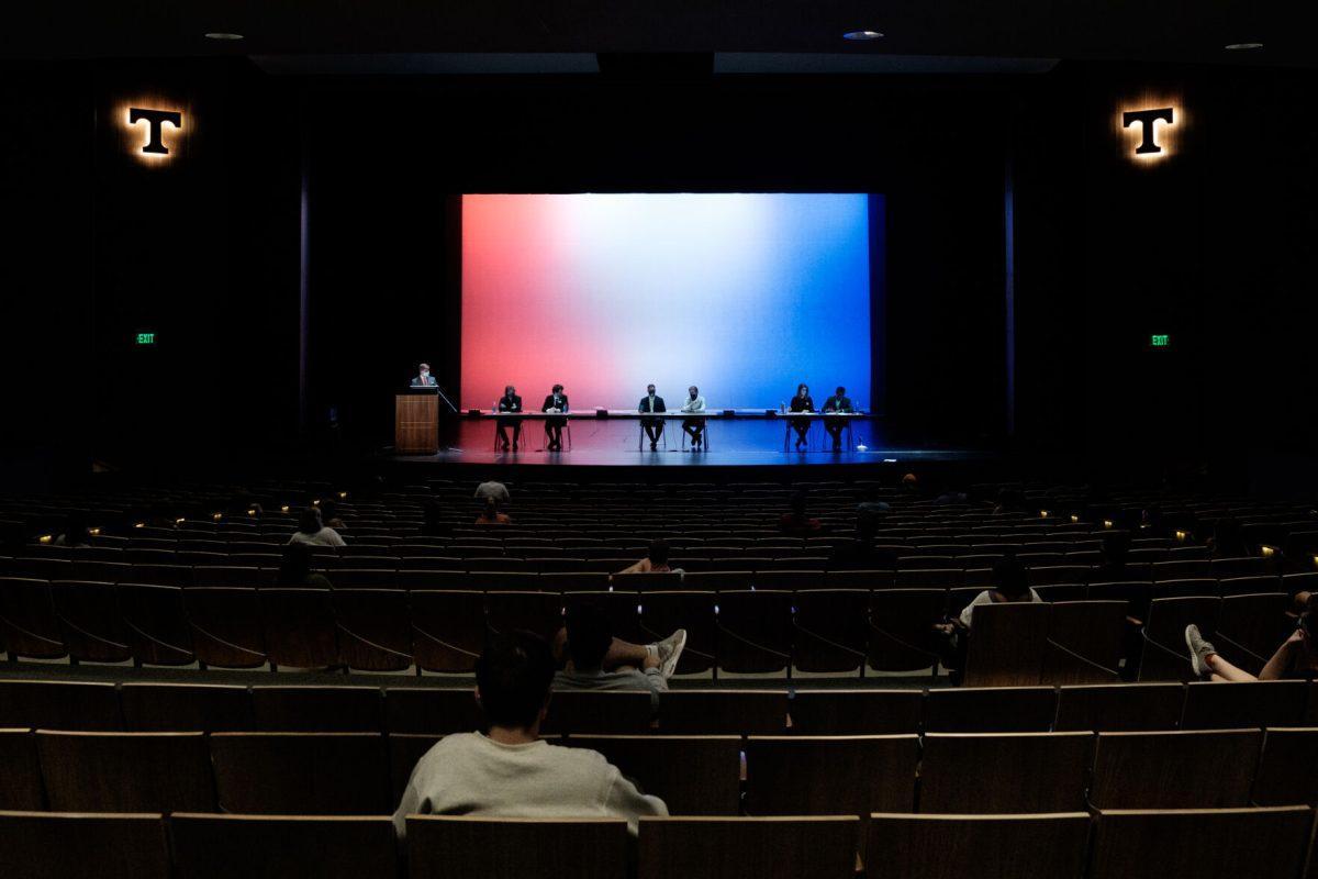 Students watch the College Republicans, Democrats, and Libertarians debate in the Student Union Auditorium on Oct. 26, 2020.
