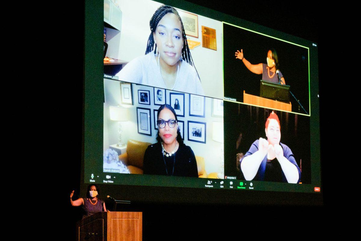Vice Provost Amber Williams delivers the final remarks of the Ilyasah Shabazz discussion at the Student Union Auditorium on Oct. 7th 2020.