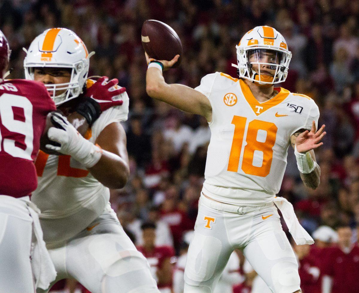 Tennessee's quarterback Brian Maurer, #18, prepares to throw the ball during the Tennessee and Alabama football game at Bryant-Denny Stadium on Saturday, Oct.19, 2019.