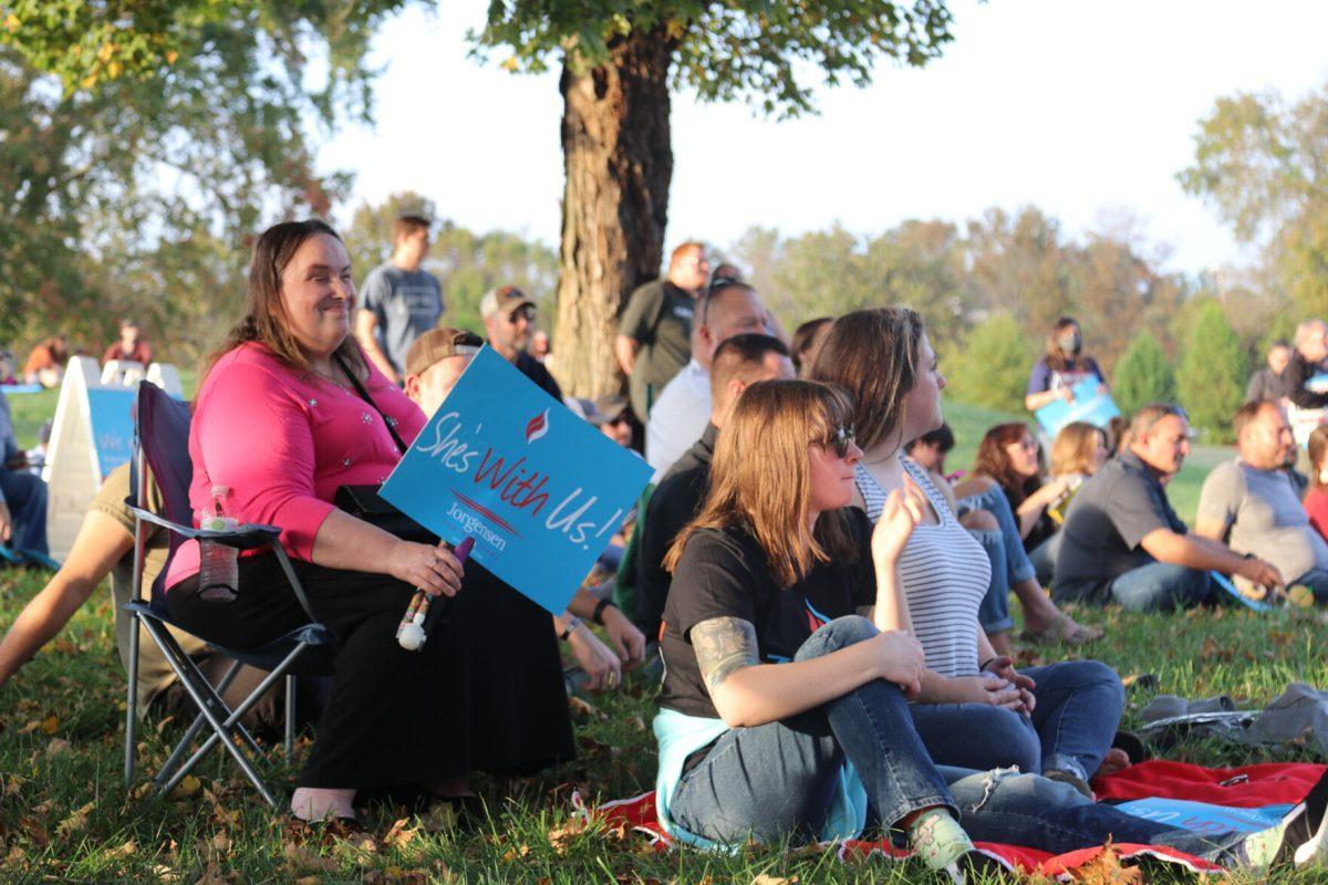 The audience listens as Jo Jorgensen speaks to supporters at her last stop during her bus tour at Lakeshore Park on Monday, October 19th, 2020.