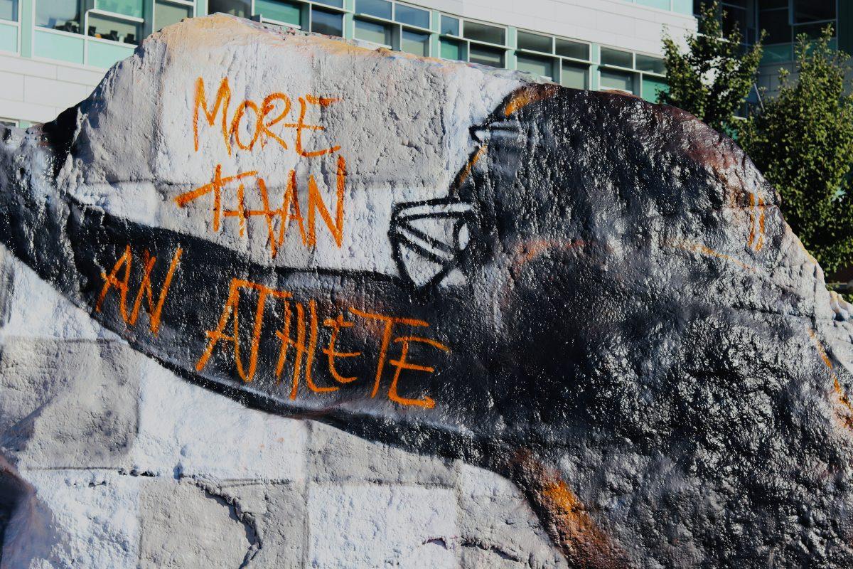 Artwork on the Rock of a football player saying “More Than An Athlete” for the UT vs. Missouri game on Oct. 3, 2020.