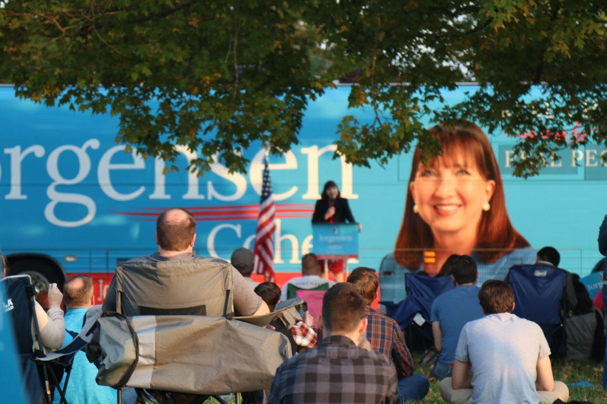 The audience listens as Jo Jorgensen speaks to supporters at her last stop during her bus tour at Lakeshore Park on Monday, October 19th, 2020.