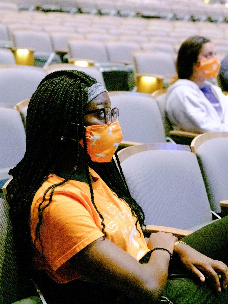 Students watch the Ilyasah Shabazz discussion in the Student Union Auditorium on Oct. 7th, 2020.