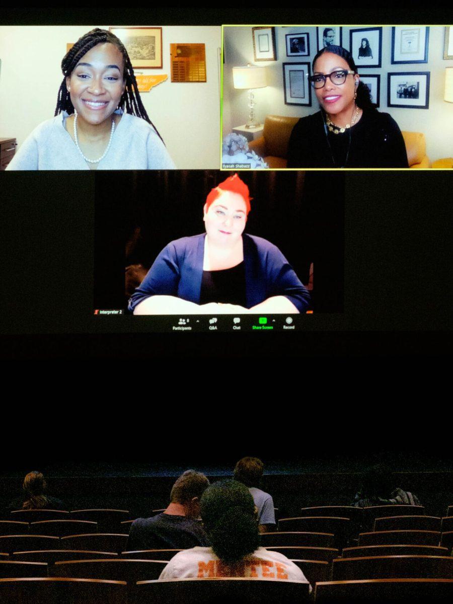 An attendee watches as Student body president Karmen Jones talks with Ilyasah Shabazz about her life in the Student Union Auditorium on Oct. 7th, 2020.