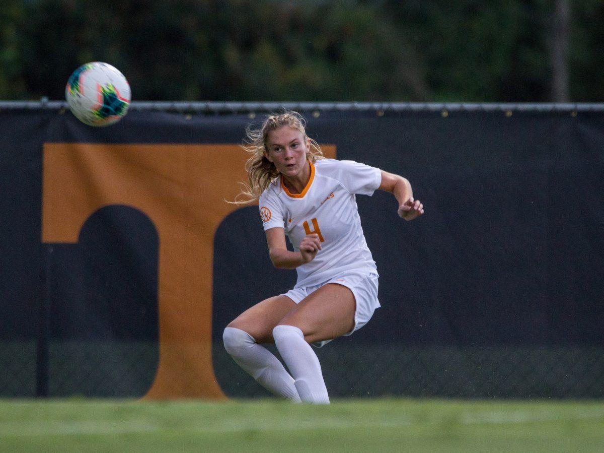 #4, Maria Nelson passes the ball during the game against Fordham University at Regal Stadium on August 22, 2019.