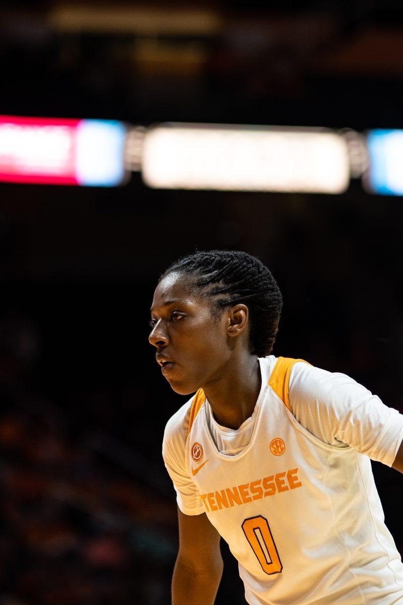 Rennia Davis playing defense in the final quarter against Ole Miss on February 27, 2020 in Thompson-Boling Arena.