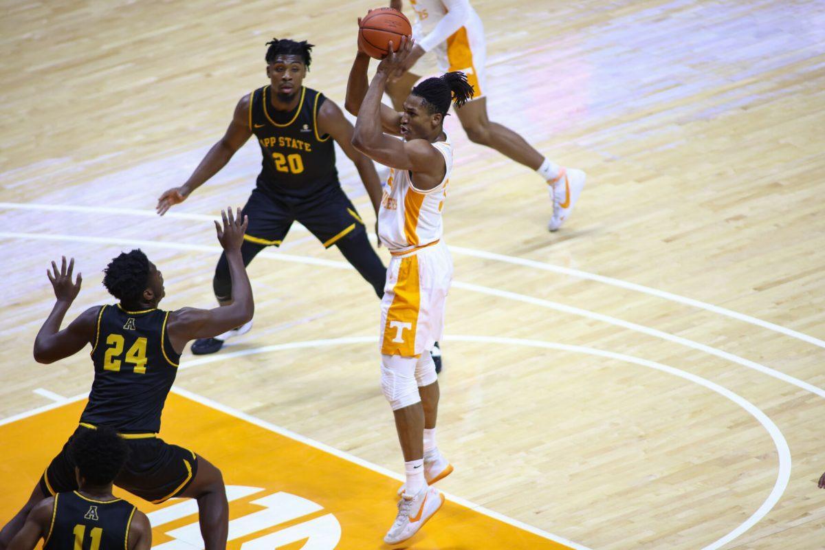 Dec 15, 2020; Knoxville, Tennessee, USA; Tennessee Volunteers guard Yves Pons (35) shoots the ball against the Appalachian State Mountaineers during the first half at Thompson-Boling Arena. Mandatory Credit: Randy Sartin-USA TODAY Sports