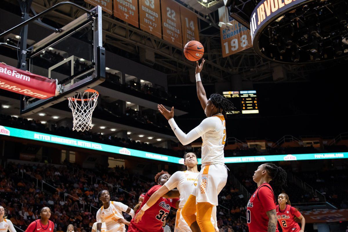 Jordan Horston, # 25, shooting a floater in the 4th quarter against Ole Miss on February 27, 2020 in Thompson-Boling Arena.