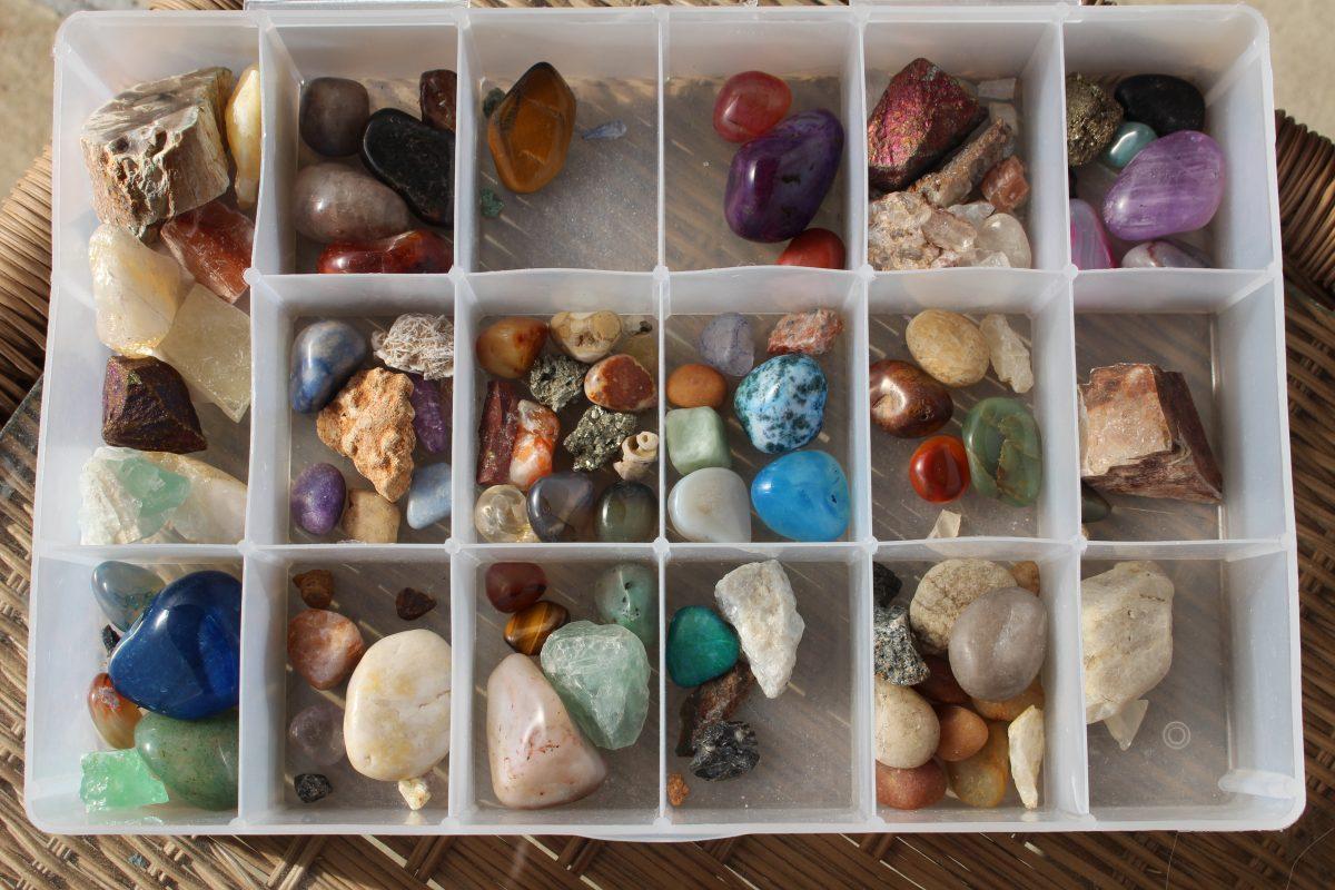 Various mineral and crystal specimens.