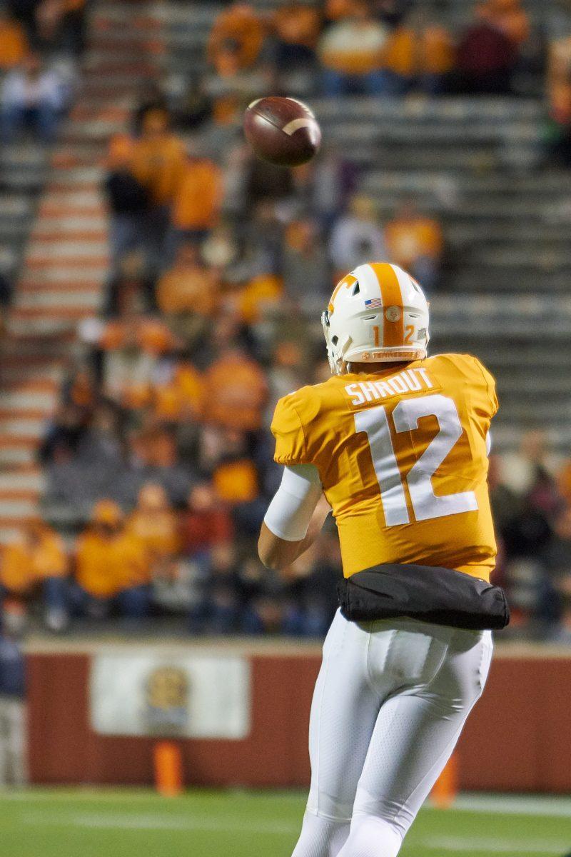 J. T. Shrout, #12, throws the ball to a teammate at the UAB football game in Neyland Stadium on Saturday, November 2, 2019.
