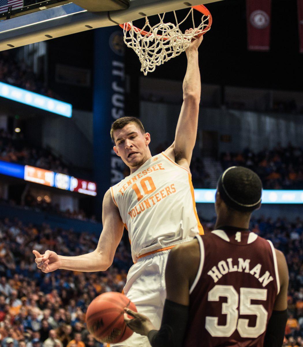 #10, John Fulkerson dunks during the SEC Tournament game against Mississippi State at the Bridgestone Arena on Friday March 15, 2019. 
