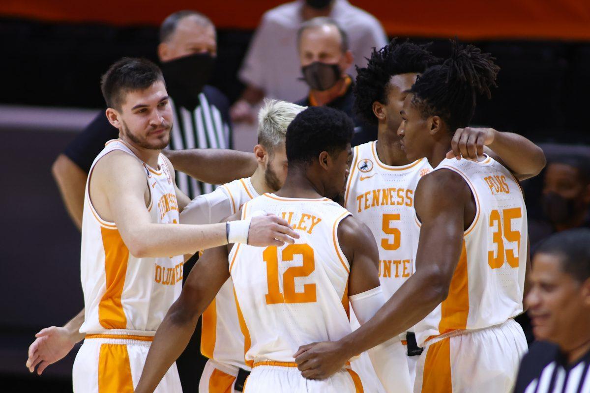 Dec 23, 2020; Knoxville, Tennessee, USA; Tennessee Volunteers forward John Fulkerson (10) and guard Santiago Vescovi (25) and guard Victor Bailey Jr. (12) and guard Josiah-Jordan James (5) and guard Yves Pons (35) before the game against the USC Upstate Spartans at Thompson-Boling Arena. Mandatory Credit: Randy Sartin-USA TODAY Sports