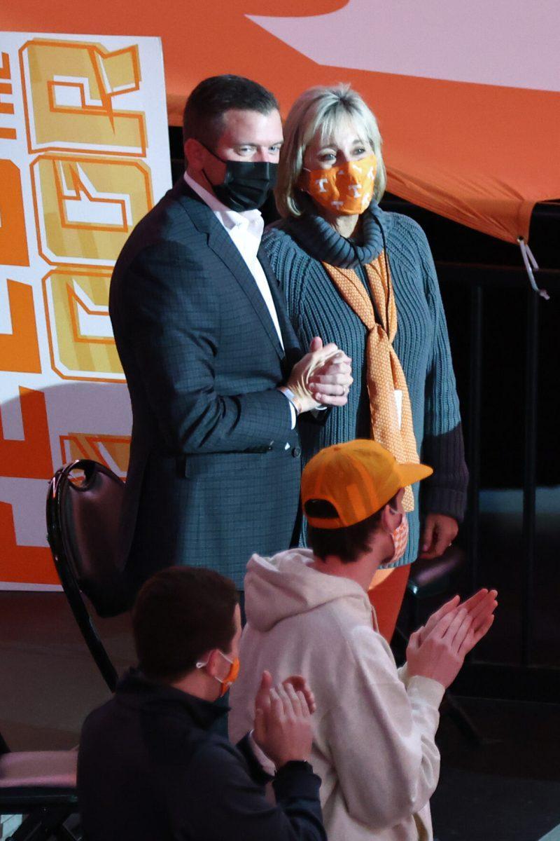 Jan 23, 2021; Knoxville, Tennessee, USA; University of Tennessee chancellor Donde Plowman introduces University of Tennessee director of athletics Danny White during a timeout against the Missouri Tigers at Thompson-Boling Arena. Mandatory Credit: Randy Sartin-USA TODAY Sports