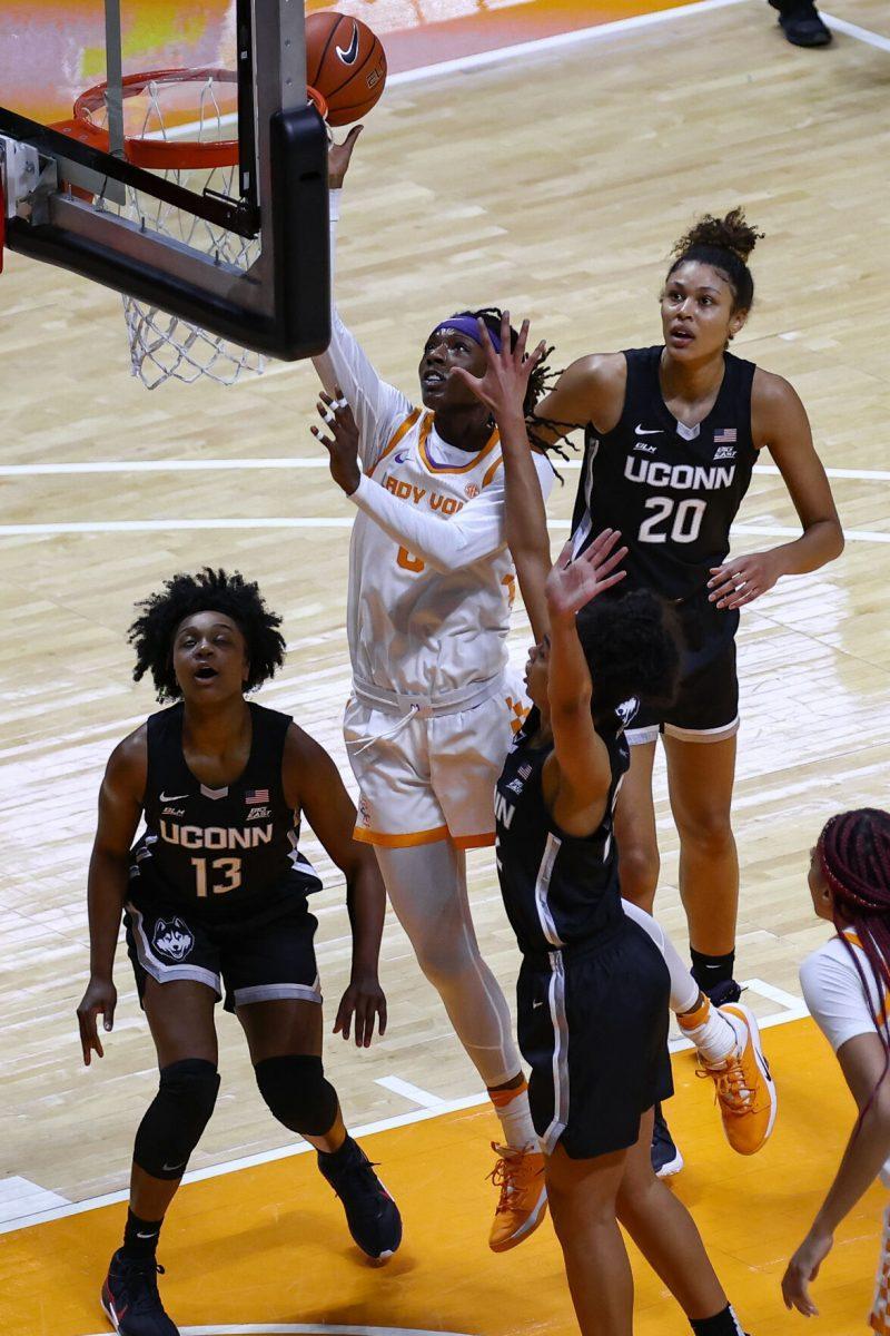 Jan 21, 2021; Knoxville, Tennessee, USA; Tennessee Lady Vols guard Rennia Davis (0) goes to the basket against the UConn Huskies during the first half at Thompson-Boling Arena. Mandatory Credit: Randy Sartin-USA TODAY Sports