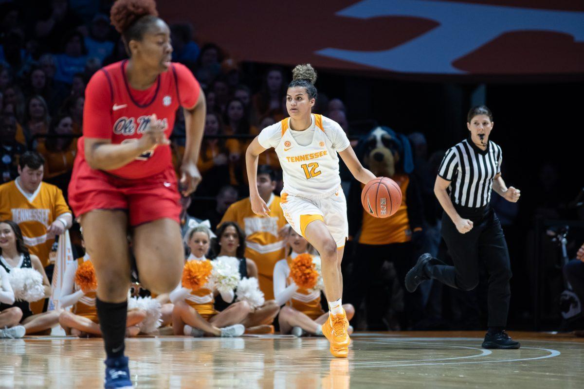Rae Burrell, # 12, pushing the ball up the court against Ole Miss on February 27, 2020 in Thompson-Boling Arena.