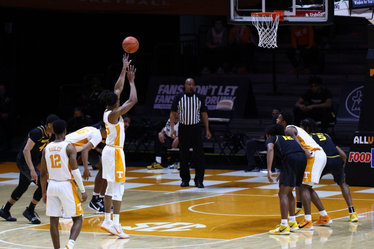 Jan 23, 2021; Knoxville, Tennessee, USA; Tennessee Volunteers guard Yves Pons (35) shoots a free throw against the Missouri Tigers during the first half at Thompson-Boling Arena. Mandatory Credit: Randy Sartin-USA TODAY Sports