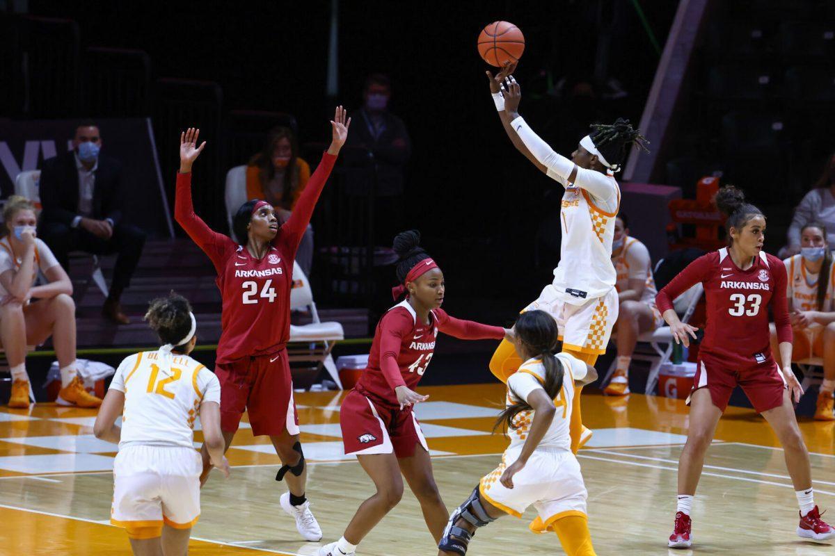 Jan 7, 2021; Knoxville, Tennessee, USA; Tennessee Lady Vols guard Rennia Davis (0) shoots the ball against the Arkansas Razorbacks during the second half at Thompson-Boling Arena. Mandatory Credit: Randy Sartin-USA TODAY Sports