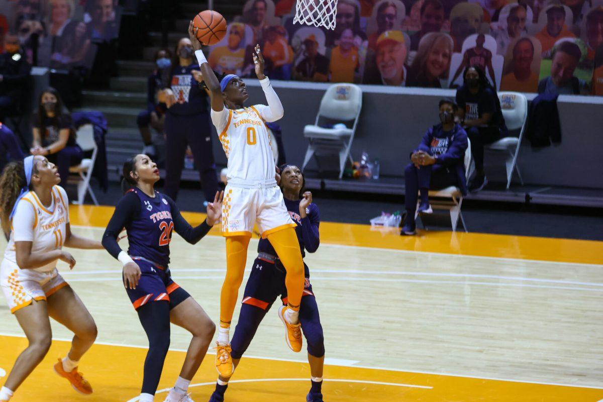 Feb 28, 2021; Knoxville, Tennessee, USA; Tennessee Lady Vols guard Rennia Davis (0) goes to the basket against the Auburn Tigers during the first half at Thompson-Boling Arena. Mandatory Credit: Randy Sartin-USA TODAY Sports