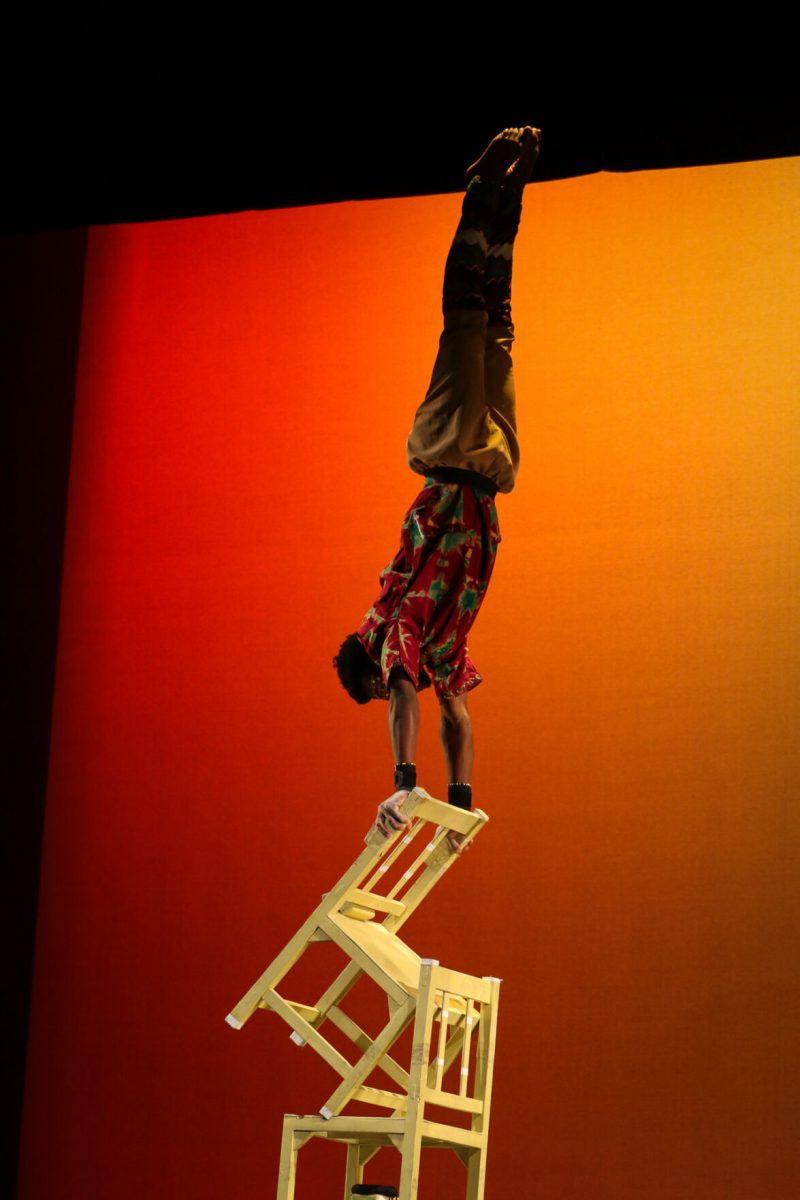 The ZuZu African Acrobats performing thrilling stunts for a captivated audience at The University of Tennessee on Feb. 22, 2021.