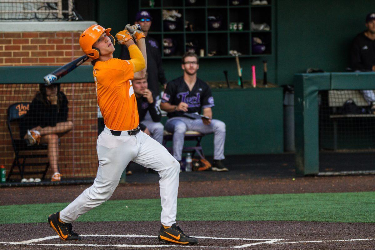 #7, Jake Rucker, looks up after hitting a foul ball during the against Tennessee Tech on Tuesday, May 14, 2019.
