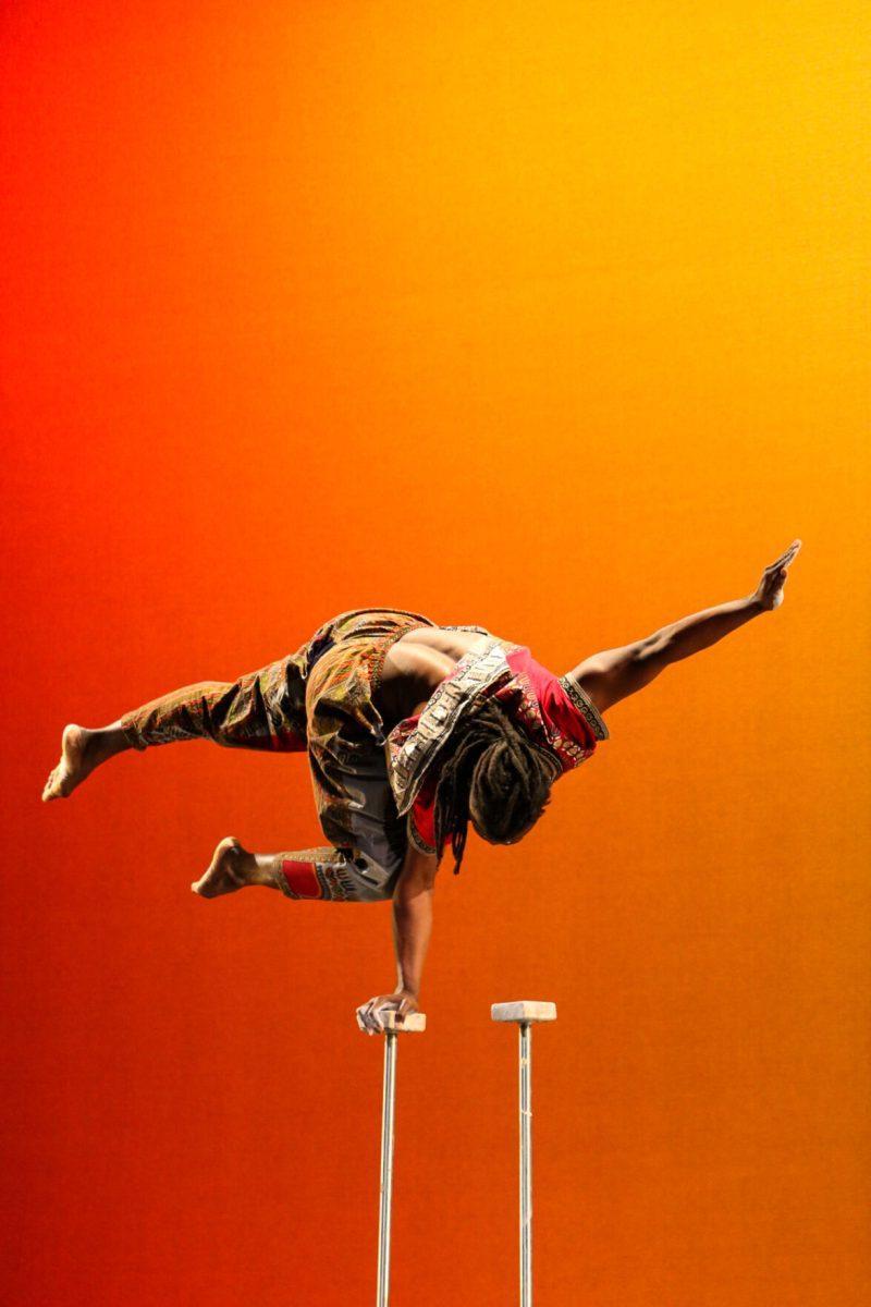The ZuZu African Acrobats performing thrilling stunts for a captivated audience at The University of Tennessee on Feb. 22, 2021.