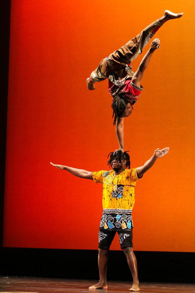 The ZuZu African Acrobats performing thrilling stunts for a captivated audience at The University of Tennessee on Feb. 22, 2021.