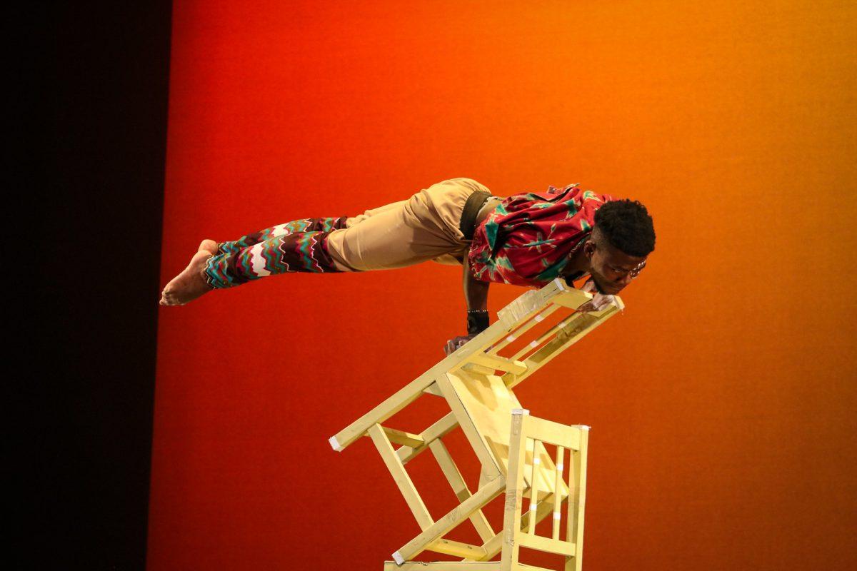 The ZuZu African Acrobats performing thrilling stunts for a captivated audience at The University of Tennessee on Feb. 22, 2021.
