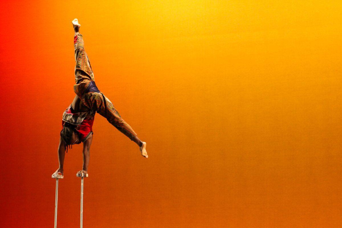 The ZuZu African Acrobats performing thrilling stunts for a captivated audience at The University of Tennessee on Feb. 22, 2021.