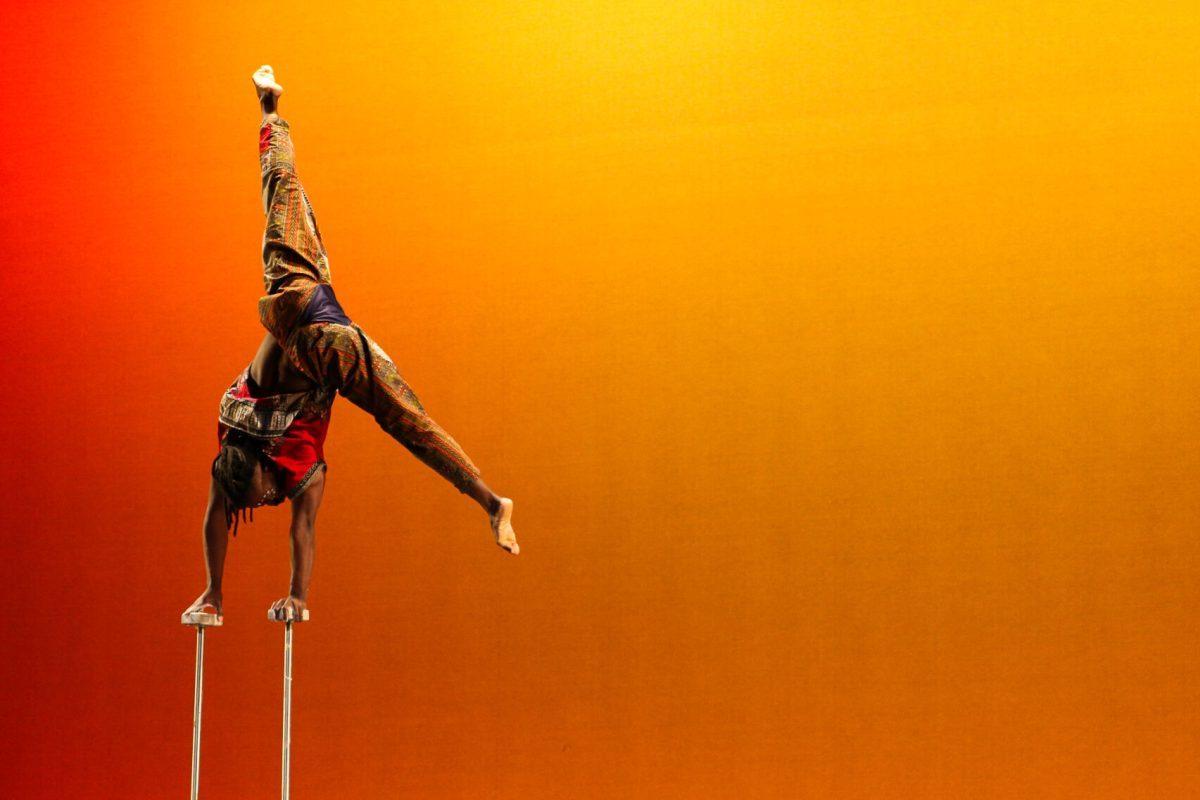 The ZuZu African Acrobats performing thrilling stunts for a captivated audience at The University of Tennessee on Feb. 22, 2021.