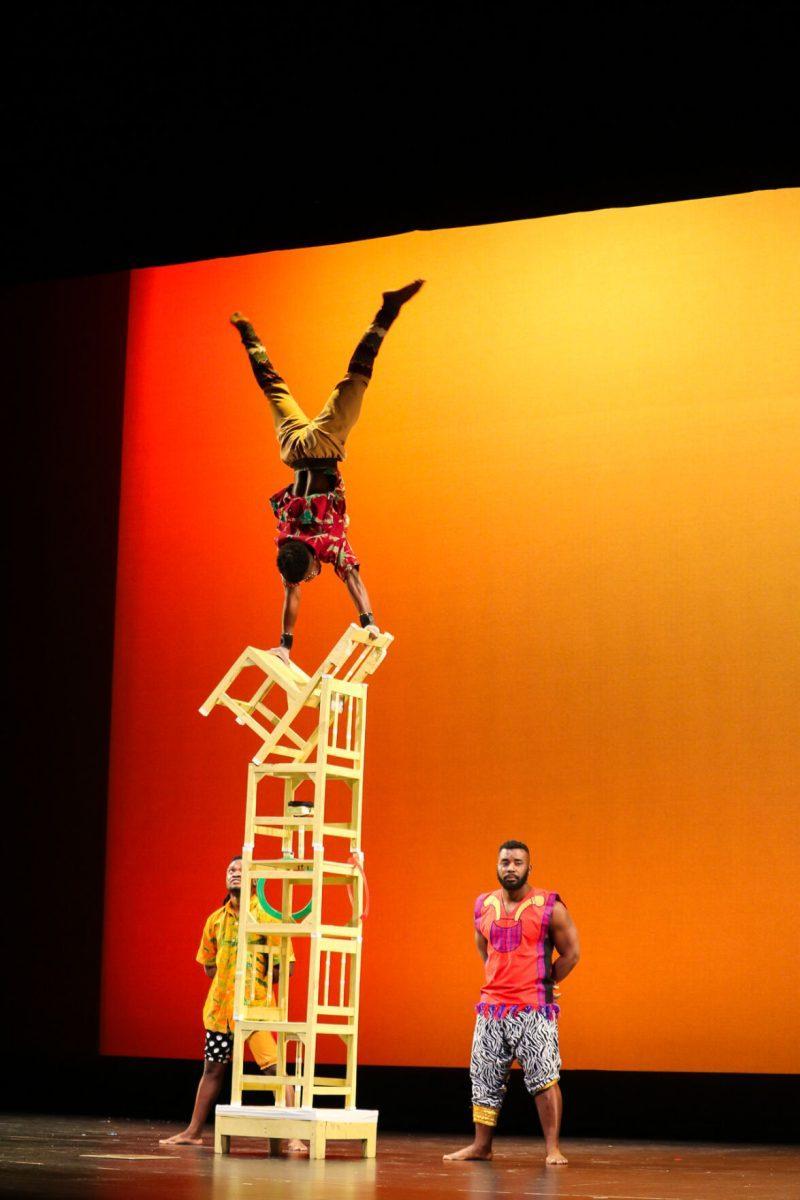 The ZuZu African Acrobats performing thrilling stunts for a captivated audience at The University of Tennessee on Feb. 22, 2021.