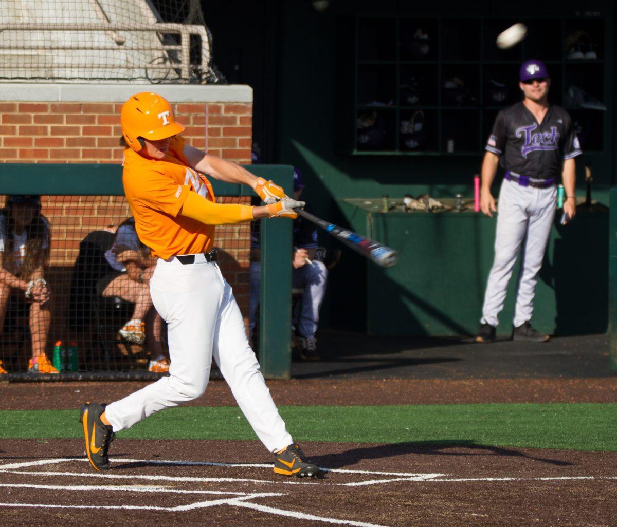 #7, Jake Rucker, hits the ball during the against Tennessee Tech on Tuesday, May 14, 2019.