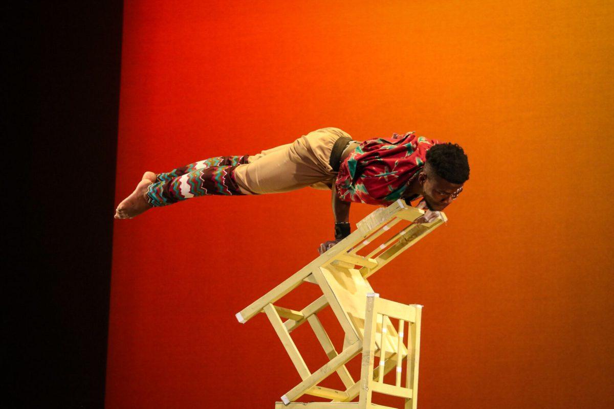 The ZuZu African Acrobats performing thrilling stunts for a captivated audience at The University of Tennessee on Feb. 22, 2021.