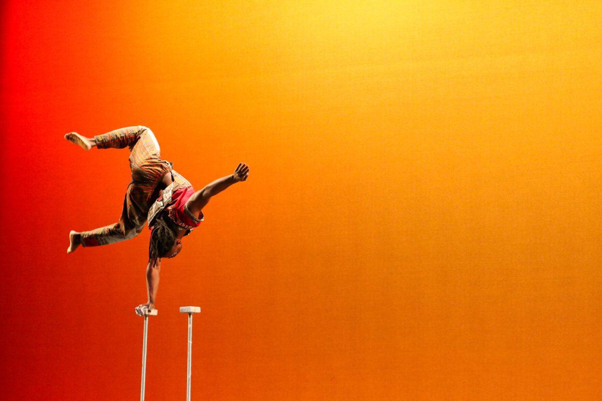 The ZuZu African Acrobats performing thrilling stunts for a captivated audience at The University of Tennessee on Feb. 22, 2021.