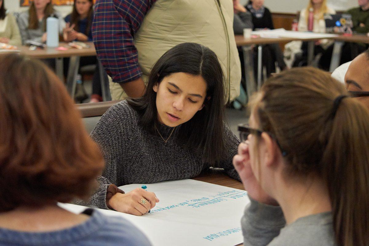 Maria Urias writes her opinion on the discussion topics at the Intersection of Sexuality and Religion RockyTopics panel on Wednesday, November 13, 2019 in the Student Union.