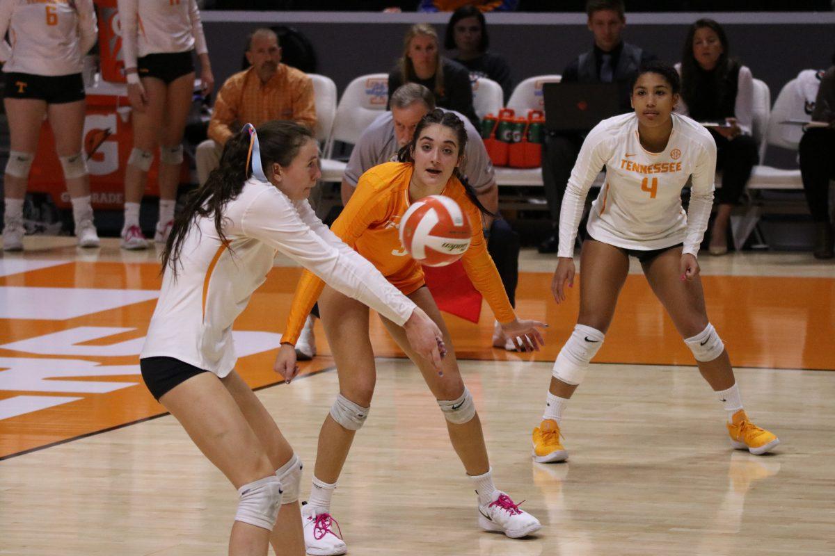 Lady Vol volleyball player Lily Felts, #15, bumps the ball against Mississippi State at Thompson Boling Arena on Sunday, October 13, 2019 