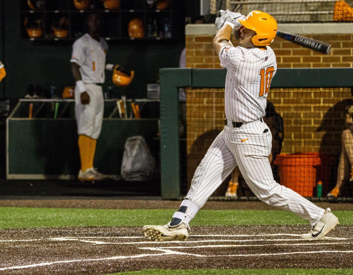 #10, Pete Derkay after hitting the ball during the game against Ole Miss on Thursday, May 16, 2019.