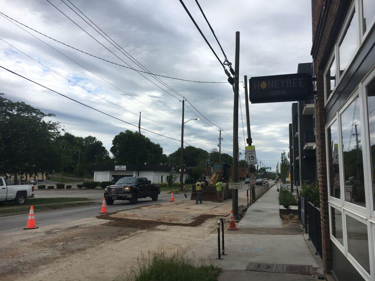 Stormwater construction occurring outside of Honeybee Coffee in South Knoxville