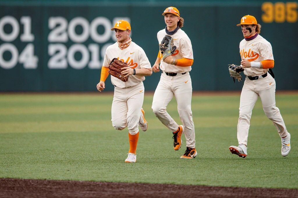 KNOXVILLE, TN - March 14, 2021 - Outfielder Evan Russell #6, Outfielder Jordan Beck #27 and Outfielder/Pitcher Drew Gilbert #1 of the Tennessee Volunteers during the game between the UNC Greensboro Spartans and the Tennessee Volunteers at Lindsey Nelson Stadium in Knoxville, TN. Photo By Kate Luffman/Tennessee Athletics