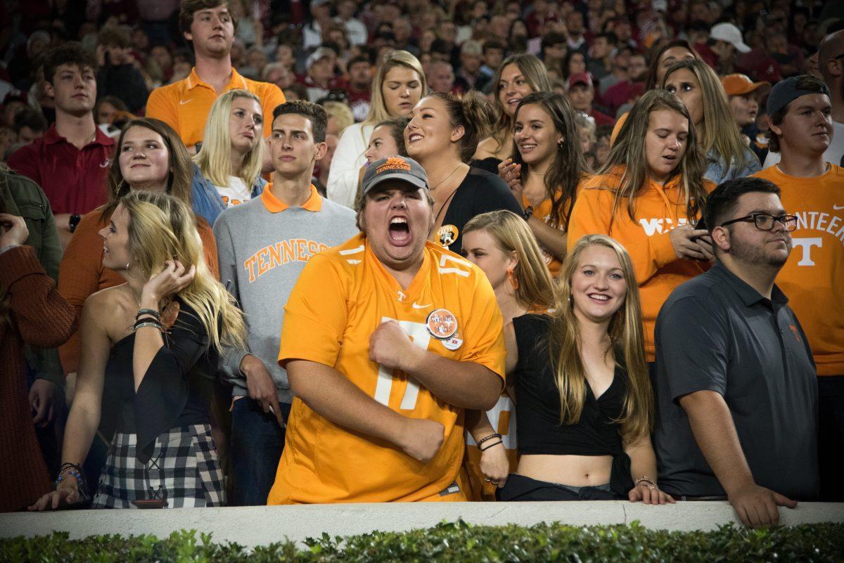 Tennessee fans react during the Tennessee and Alabama football game at Bryant-Denny Stadium on Saturday, Oct.19, 2019.