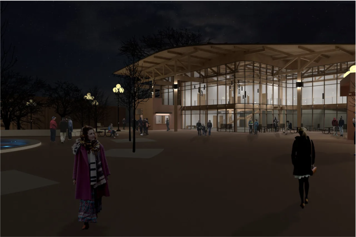 Rendering of the exterior of the new Jenny Boyd Carousel Theatre design at night. 