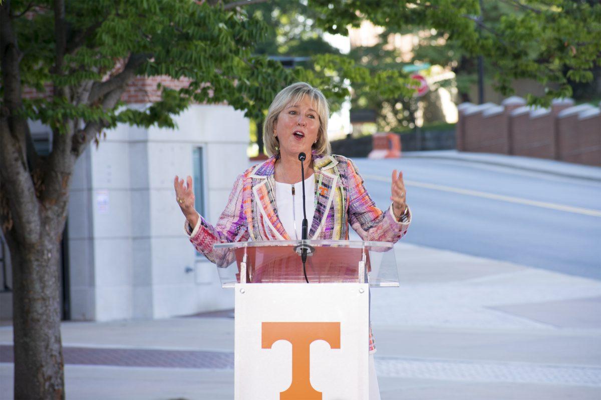Chancellor Donde Plowman saying a few words before the statue unveiling at Neyland Stadium. Thursday, September 2, 2021.