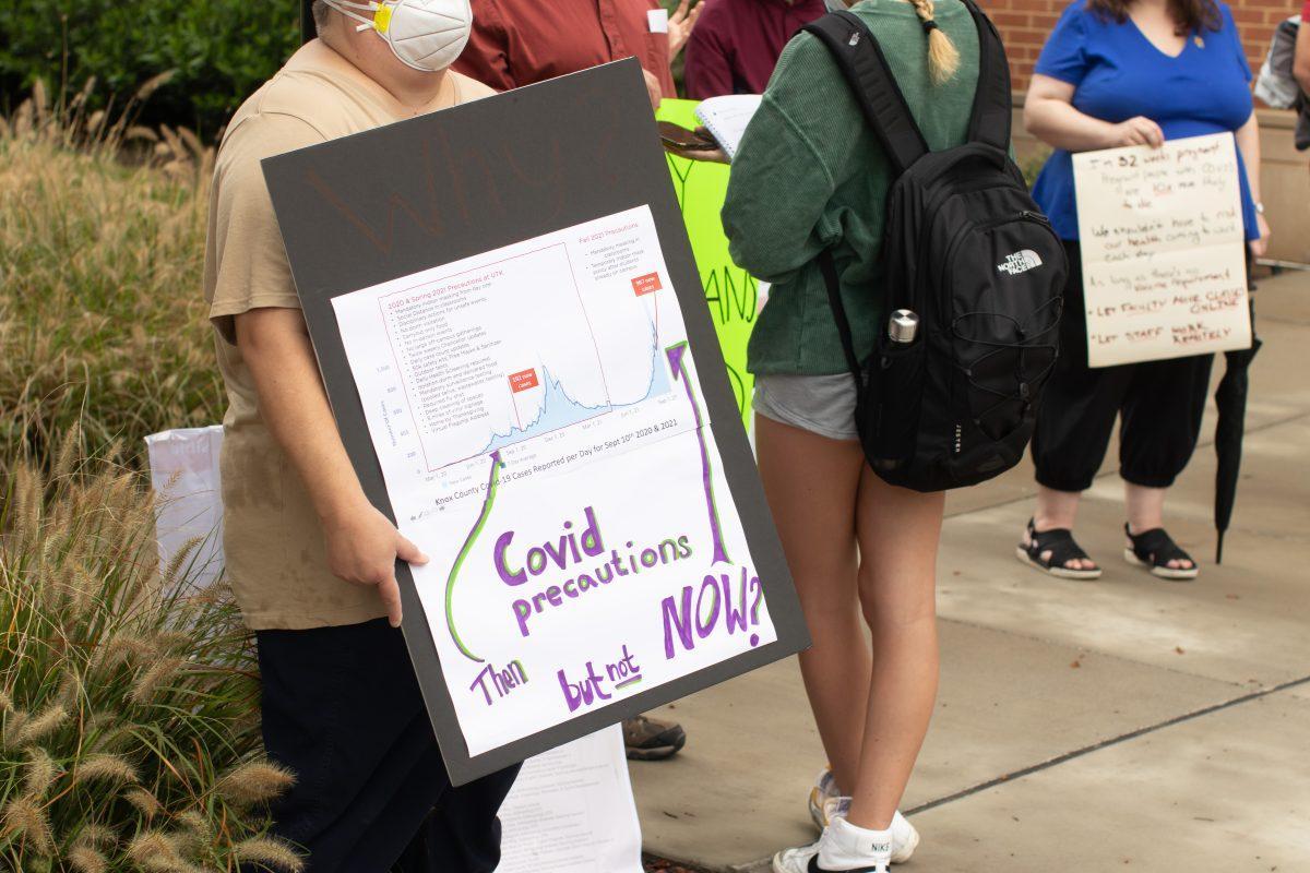 The UCW and AAUP rally to advocate for increased safety measures concerning COVID-19 on Tuesday Sept. 21, 2021 immediately before Chancellor Plowman's flagship address in the Student Union.