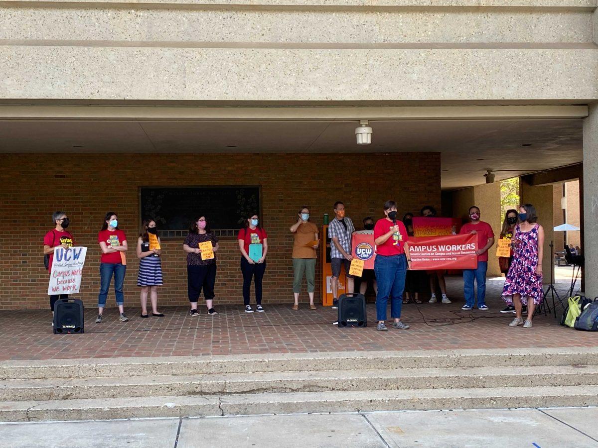 Anne Langendorfer, UCW president and English lecturer, speaks at a press conference in McClung Plaza on Tuesday calling for increased COVID safety measures and hazard pay.